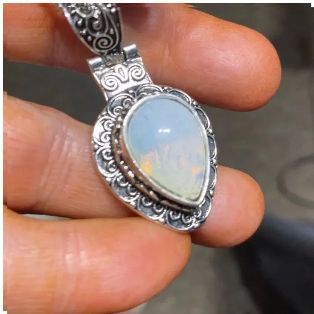NWT Boho Rainbow Moonstone Necklace Aged Silver-Tone Inverted Teardrop Pendant